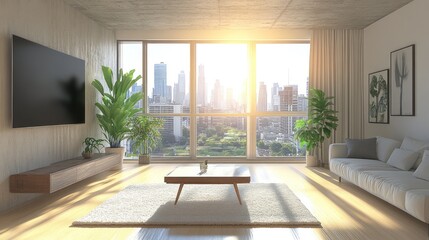 Fototapeta premium Modern city living room, bathed in sunlight, featuring large windows offering panoramic city views. Plants, TV, and comfortable seating area create a relaxing atmosphere