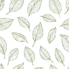 Seamless pattern with one line leaves. Vector floral background in trendy minimalistic linear style.contour, doodle, elegant, graphic, herb, minimal, monochrome, print, textile, 
