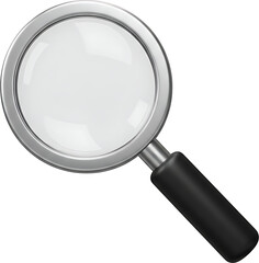 Shiny Magnifying Glass Icon Showing Detail in Sleek 3D Render on Black Background - Examining, Investigating, Visualizing, Clarity, Discovery, Sleek Design