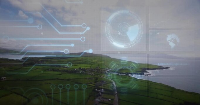 HUD interface animating across aerial rural coastal fields, showing circuit lines and radar display - Powered by Adobe