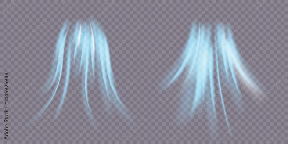 Poster Curved neon waves rotate in high-speed light spiral. Frost wind texture moves gently in transparent swirl. Winter air streams flicker like glowing icy ribbon. Blizzard sparkles radiate cold 