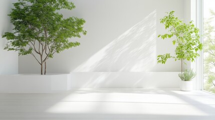 Obraz premium Minimalist white interior with potted trees, bathed in natural light