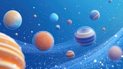 Abstract colorful planets floating in a blue space with glowing network.