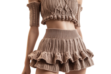 Chic Knitted Two Piece Set Off Shoulder Crop Top Ruffle Shorts Neutral Beige Tones