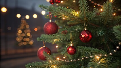 Christmas tree decorated with red ornaments and lights high resolution photo