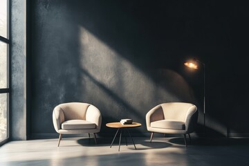Cozy living room with dramatic lighting, contrast, and modern furniture in dark tones
