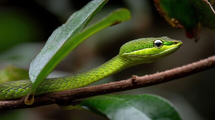 Fototapeta premium Green Vine Snake Perched on Branch in Lush Foliage
