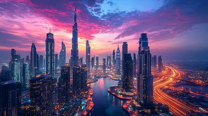 Fototapeta premium Futuristic megacity skyline glowing at dusk high resolution wallpaper