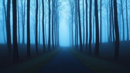 Obraz premium A surreal misty landscape with a lone pathway disappearing into a moody, ethereal forest