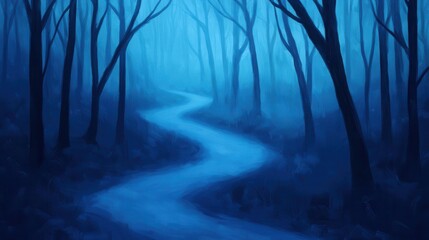 Fototapeta premium Serpentine trail meandering through a misty forest, moody and dreamlike atmosphere