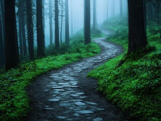 Naklejka premium Misty forest pathway winding through ancient trees, moody atmosphere filled with soft diffused light