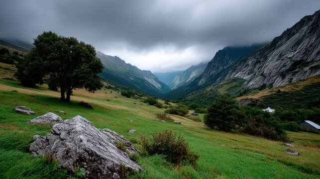 Dramatic cloudy mountain landscape with lush green valley, rocks, trees, and rugged cliffs under stormy skies