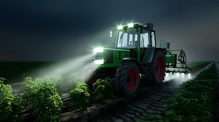 Fototapeta premium tending to glowing crops in a field under a tech-enhanced night sky