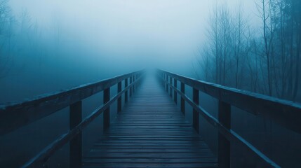 Hidden wooden bridge along a misty forest path, moody shadows moving through the fog