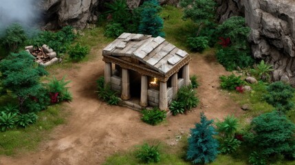Fototapeta premium Ancient Greek-style temple ruins in lush jungle with vibrant plants and rocky cliffs