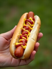 Hand holding hot dog with ketchup and mustard at garden party