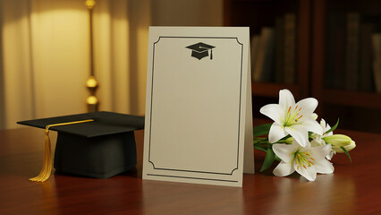 Graduation Cap, Diploma Mockup, White Lilies on Wooden Table