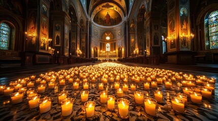 Grand church interior, lit by many candles