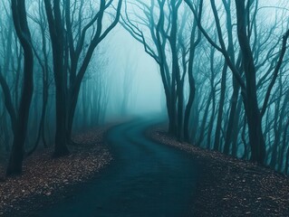 Obraz premium Moody misty forest with a winding pathway, eerie fog drifting through ancient trees