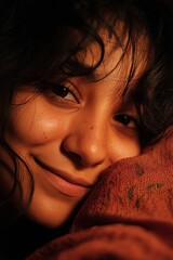 A captivating close-up of a smiling woman, her eyes radiant with a warm, inviting expression.