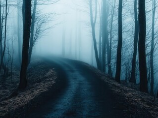 Fototapeta premium Moody misty forest with a winding pathway, eerie fog drifting through ancient trees