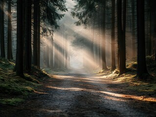 Obraz premium Morning sun rays breaking through a misty pathway, moody fog drifting through the trees