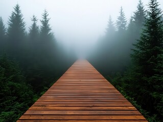 Fototapeta premium Fogcovered wooden pathway disappearing into a moody, misty forest