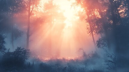 Fototapeta premium Sunlight glows through foggy pine forest high resolution picture