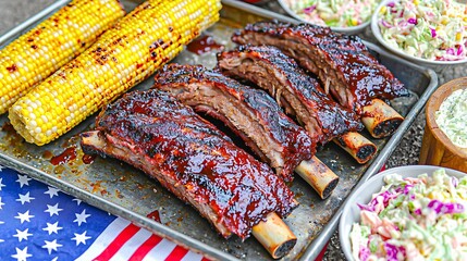 pork ribs with smoky barbecue glaze on metal tray, corn on the cob and coleslaw sides, picnic setup, outdoor summer setting with American flag napkin, copy space left grilled pork ribs, barbecue 