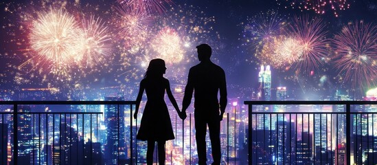 Couple gazes at fireworks over city skyline