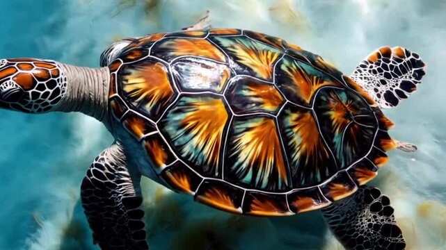 A vibrant sea turtle with a striking, multicolored shell swims in clear water. Its carapace shows intricate patterns of orange, brown, and teal