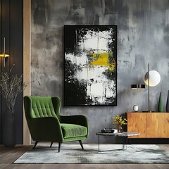 Contemporary lounge with green accents, textured armchair, and abstract art, creating a tranquil, stylish ambiance. Generative Ai