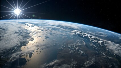 Obraz premium View of earth from space with sunburst and clouds high resolution photo