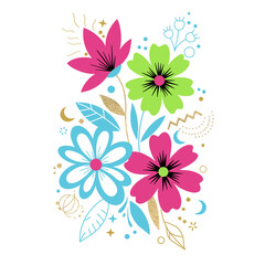 Stylized floral arrangement with glitter accents against 