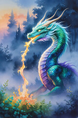 Majestic dragon breathing fire in a mystical forest at sunset