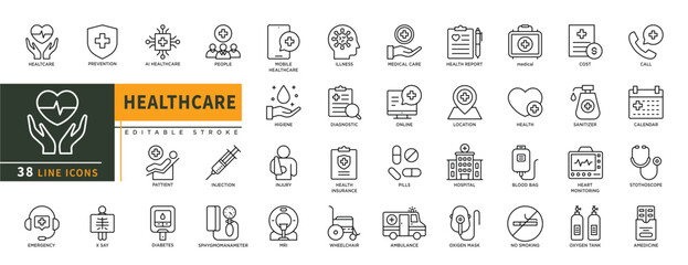 Minimalist Healthcare line icons set with editable stroke, featuring  healthcare, prevention, emergency, x-ray, mri, ambulance, oxigen mask, pills, oxigen tank, medicine. thin linear illustration.