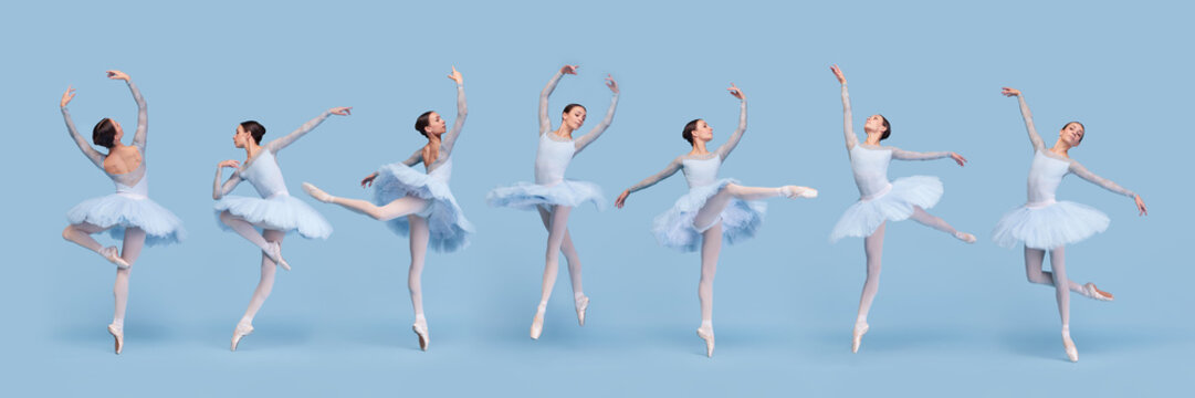 Banner. Collage of one model. Ballerina in blue tutu performing dynamic classical dance against pastel blue studio background. Concept of ballet, aesthetic, movement, dance, precision, elegance.