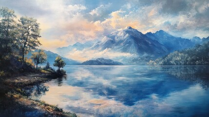 Serene mountain lake landscape at dawn