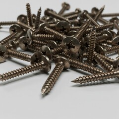 Pile of Metal Phillips Head Screws on Neutral Background for Construction Marketplaces, Hardware Supplier Catalogs, DIY Educational Platforms, and Professional Tool Brands