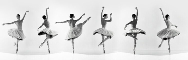 Minimalist black and white collage of one ballerina in dynamic movement and expressive poses. against neutral background. Concept of ballet, aesthetic, movement, dance, style, contrast. © Lustre Art Group 