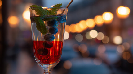 Tricolor cocktail with blueberries and mint in crystal glass, celebrating French National Day with festive elegance.