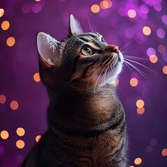 Close-up of tabby cat with curious look against purple bokeh background