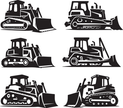 bulldozer silhouette vector set, black and white bulldozer illustration, construction bulldozer vector icons, heavy equipment bulldozer silhouette, dozer machine vector clipart, bulldozer truck black 
