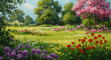 Obraz premium Blossoming Garden Vista: A vibrant landscape with an array of colorful flowers, trees in full bloom and serene meadow, creating a picturesque and idyllic scene. 
