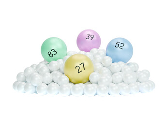A 3D-rendered colorful lottery balls icon displayed on a stack of white sphere.