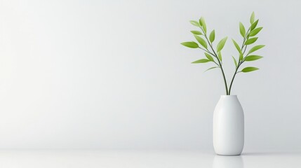 A white ceramic vase with green leafy branches, standing on a minimalist white surface, and bright and clean interior design concept.