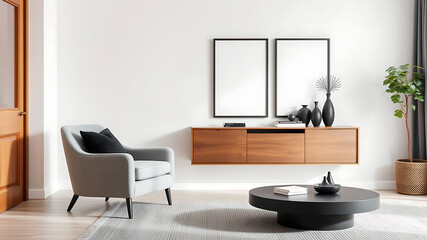 Modern Minimalist Living Room Interior Design with Wooden Console and Gray Armchair