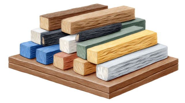 Collection of colorful rectangular blocks arranged in a pyramid shape on a brown surface. Various colors and textures are visible.