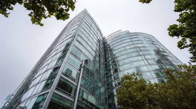 A modern office building with glass windows and curved architecture stands tall against the sky