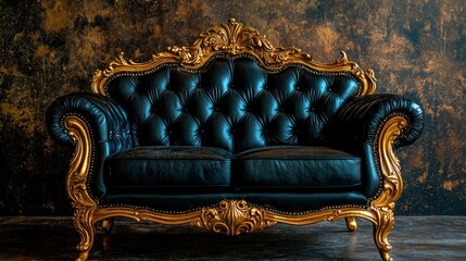 Ornate sofa with black leather and gold trim design